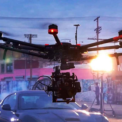 Drone flying over movie set.